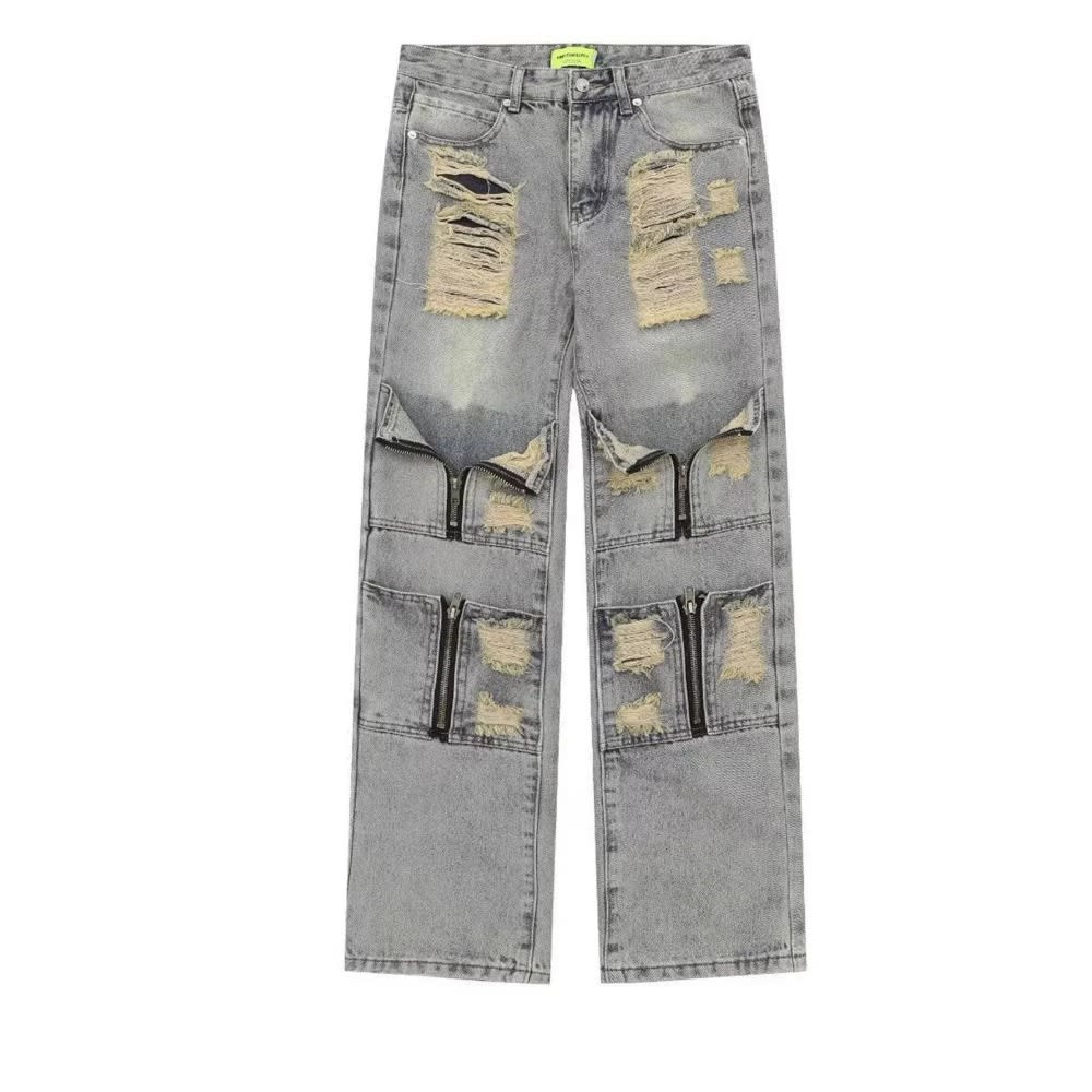 Men's Vintage Ripped Loose Straight Leg Denim Pants Professional Stretch Jean